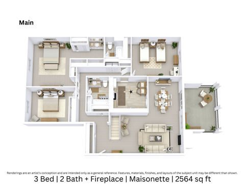 Floor plan for 3 beds, 2 baths, 2564 sqft